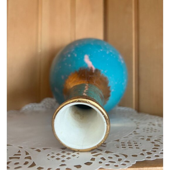 Vintage Unique Turquoise & Gold Crackle Ceramic Vase Pink Drip Accents Flower - Picture 6 of 8